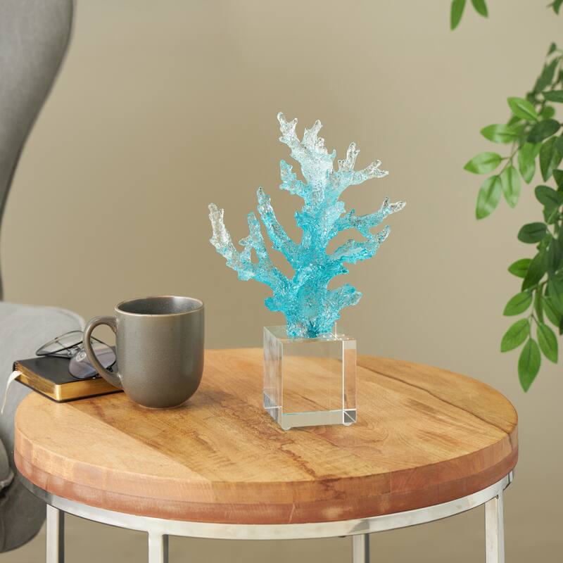 Blue Glass Ombre Coral Decorative Sculpture with Clear Square Base - Blue