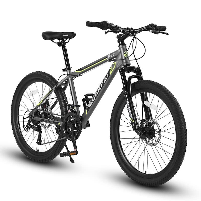 24 Inch Mountain Bike Boys Girls Steel Frame 21-Speed Disc Brakes - 66" x 24.8" x 35.8" - Grey