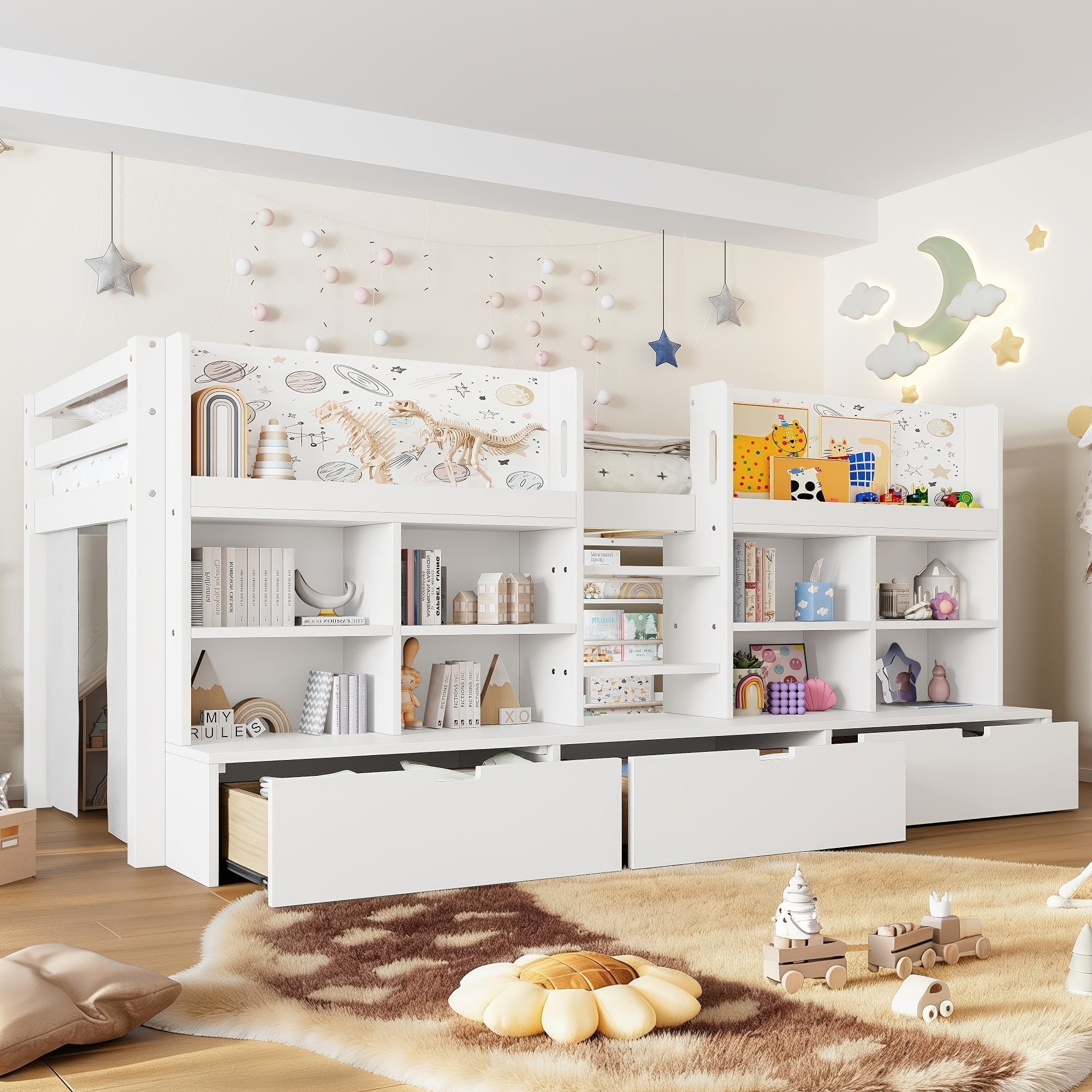 Roomfitters Twin XL Low Loft Bed, 3 Storage Units, Bookcase
