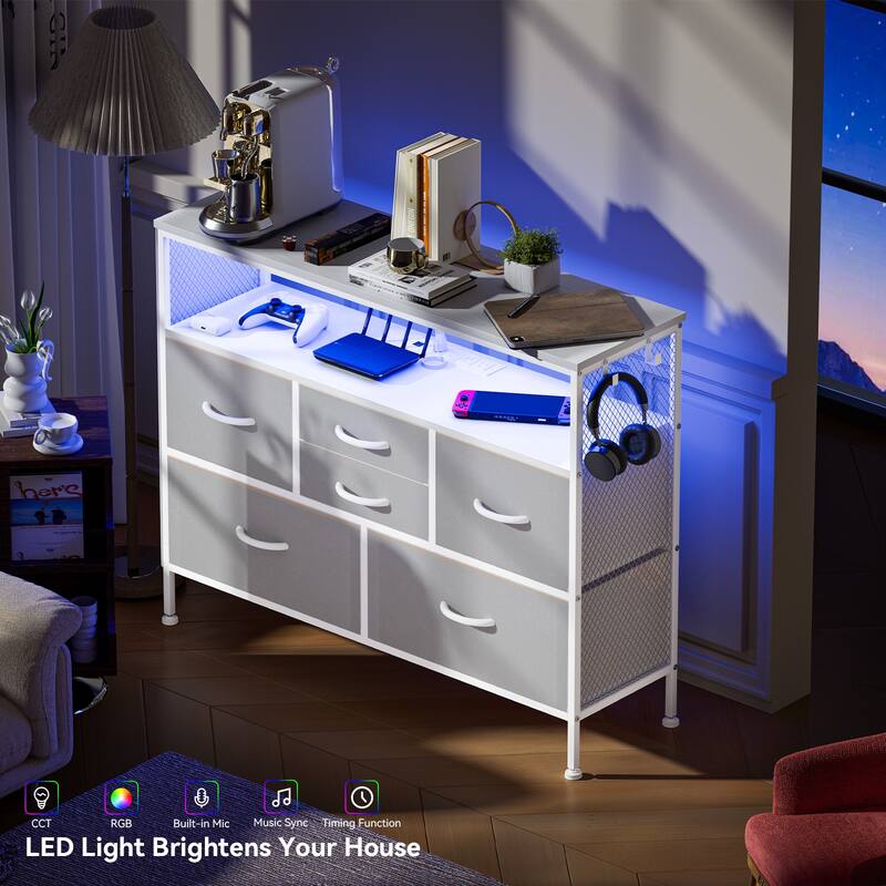 Dresser for Bedroom TV Stand with Power Outlets and LED Light, 6 Dresser with Shelves for 45" TV, PU Finish