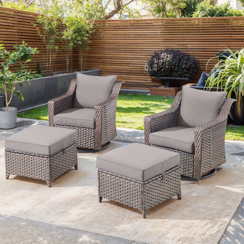 Outside Patio Sofa Chair Set with Cushions - Brwon Wicker Grey Cushion - 4PCS Swivel Chair with Ottoman