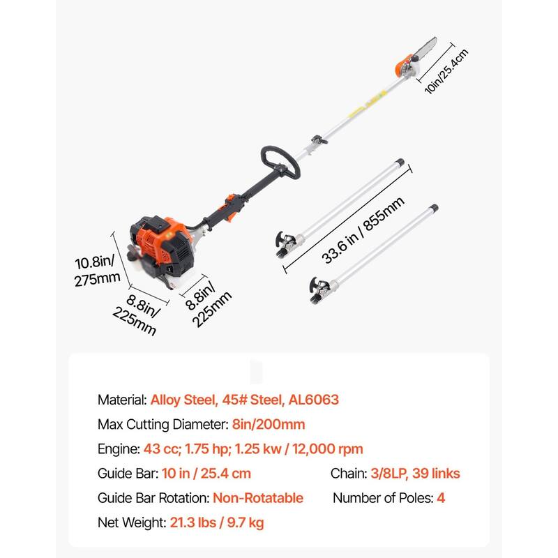 Cordless Gas Pole Saw with Adjustable Head for Branch Cutting 43CC - 10.8 × 8.9 × 8.9 in