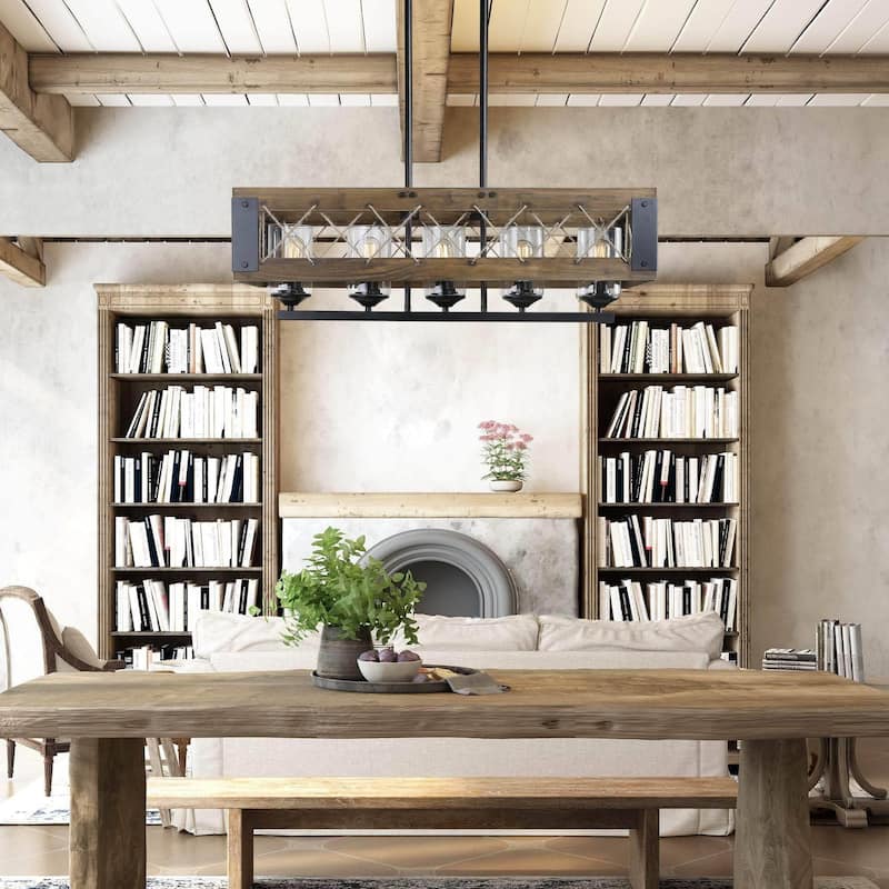 Farmhouse 5-Light Wood Chandelier Rustic Kitchen Island Lights for Dining Room - W31.9" X E10.6" X H10.2"