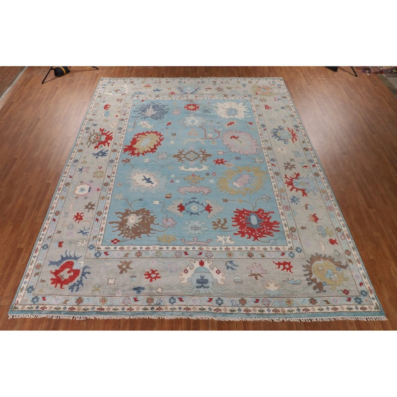 Light Blue Oushak Oriental Large Area Rug Handmade Wool Carpet - 12'0"x 14'11"