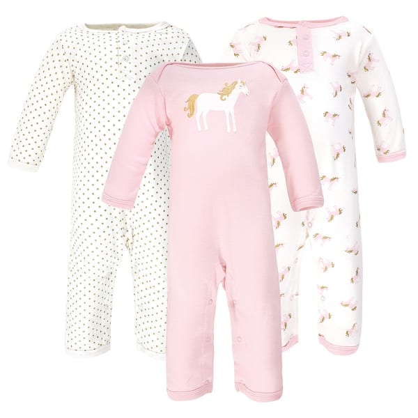 slide 1 of 1, Hudson Baby Infant Girl Cotton Coveralls 3pk, Gold Unicorn 0 - 3 Months - Pink