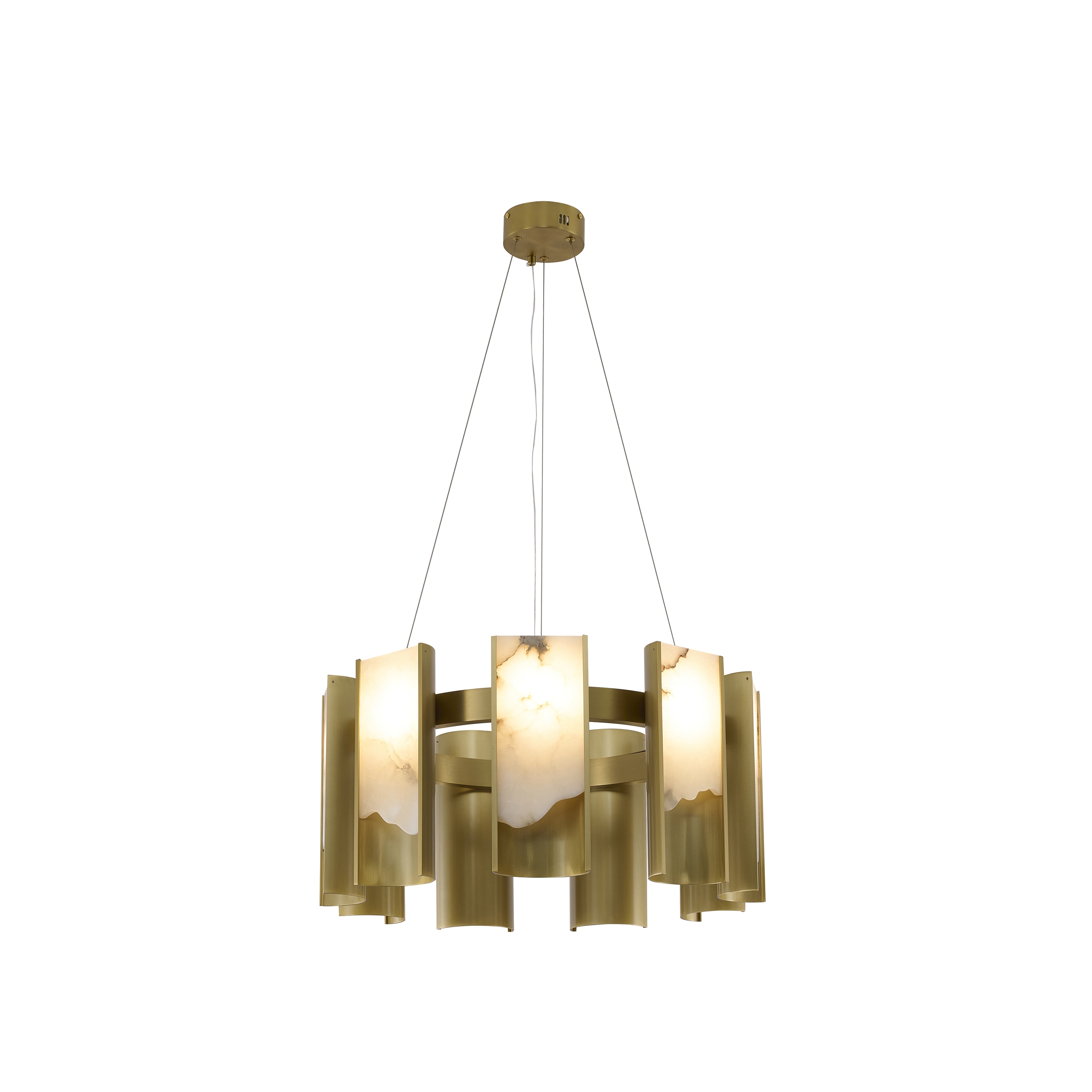 Transitional 9-Light Satin Brass LED Chandelier With White Alabaster