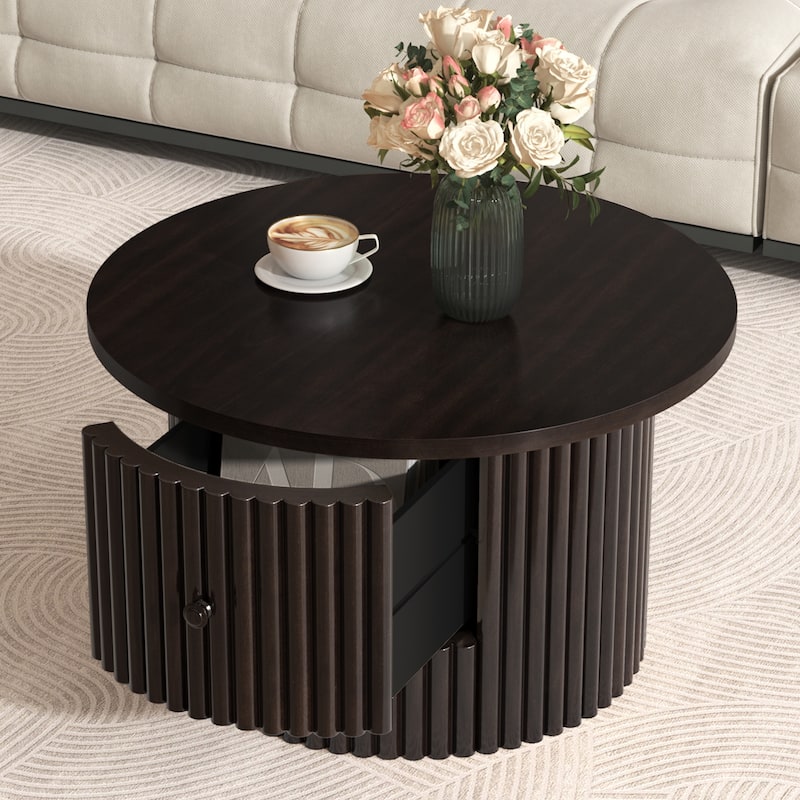 Roomfitters Round Coffee Table, Center Table with Vertical Slat Base and Hidden Storage, 30-Inch Modern Farmhouse Design