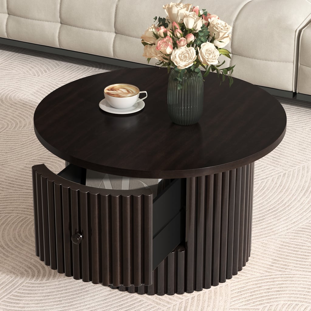 Roomfitters Round Coffee Table, Center Table with Vertical Slat Base and Hidden Storage, 30-Inch Modern Farmhouse Design