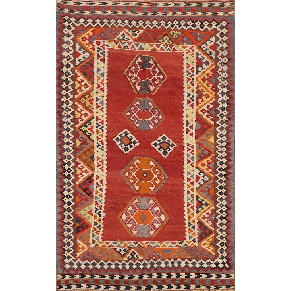 Kilim Qashqai Persian Vintage Rug Hand-Woven Orange Wool Carpet - 4'5"x 7'4"