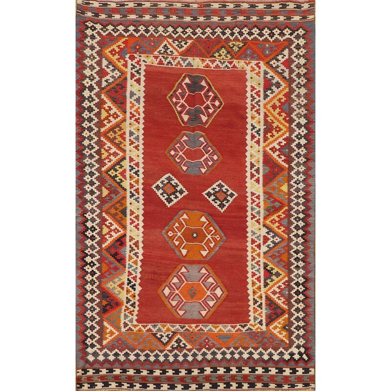 Kilim Qashqai Persian Vintage Rug Hand-Woven Orange Wool Carpet - 4'5"x 7'4"