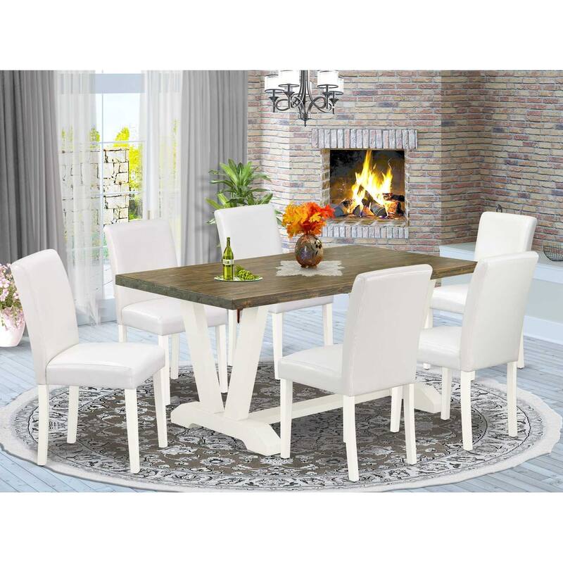 HomeStock 7-Pc Rectangle Natural Oak Finish Solid Wood Top Dining Table with 6 Chairs