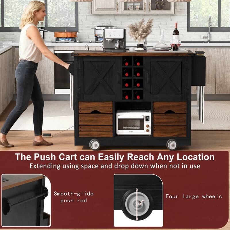 54" Farmhouse Kitchen Island with Drop Leaf, Power Outlet & 4 Wheels