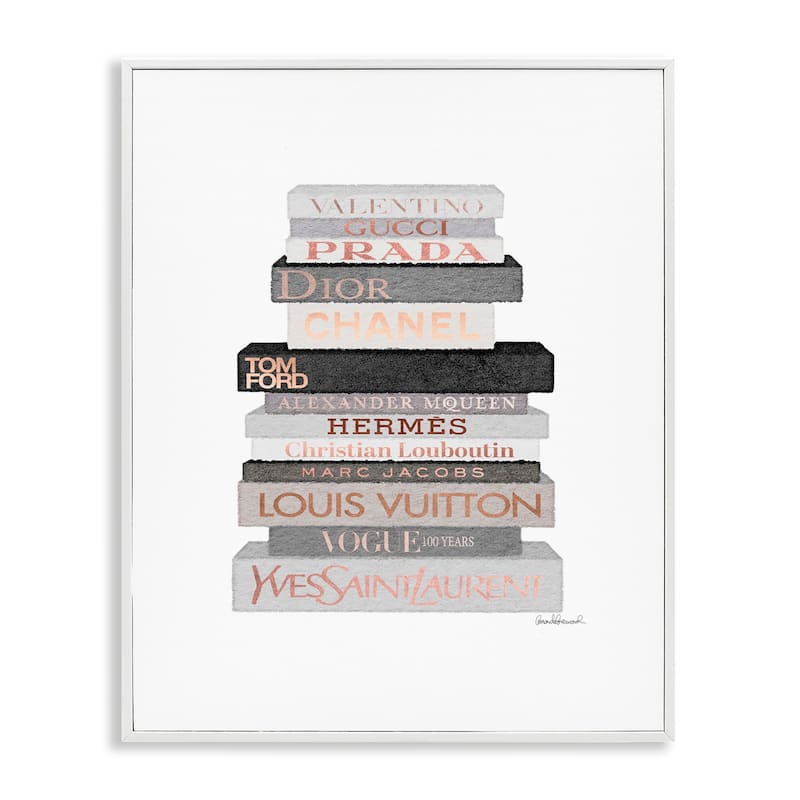 Neutral Grey and Rose Gold Fashion Bookstack Framed Wall Art - 16 x 20 - Wood - White