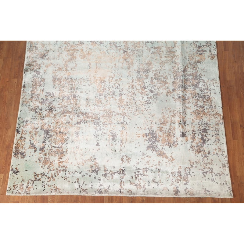Green Abstract Area Rug Handmade Oriental Wool Carpet - 6'7" x 9'10"