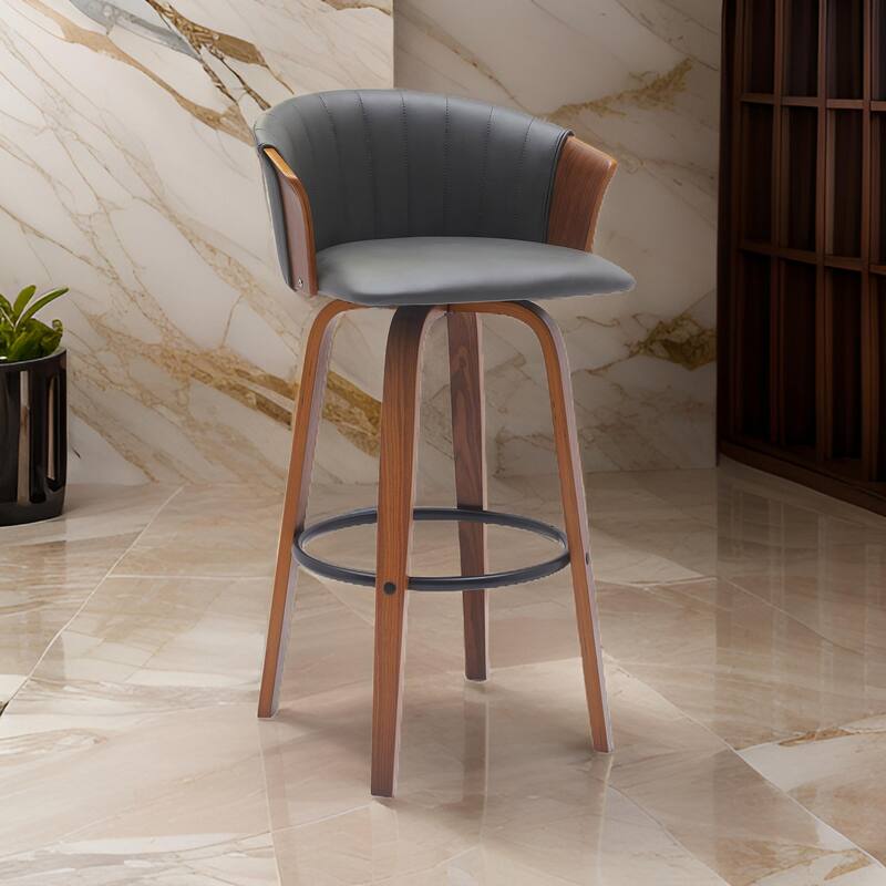 Oja 30 Inch Swivel Barstool Chair, Gray Faux Leather, Curved, Walnut Brown