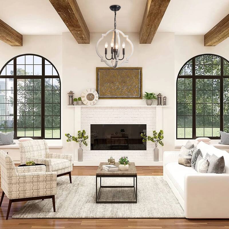 4-Light W16.34" x H78.74" Wooden Lantern Rustic Chandeliers for Dining Room