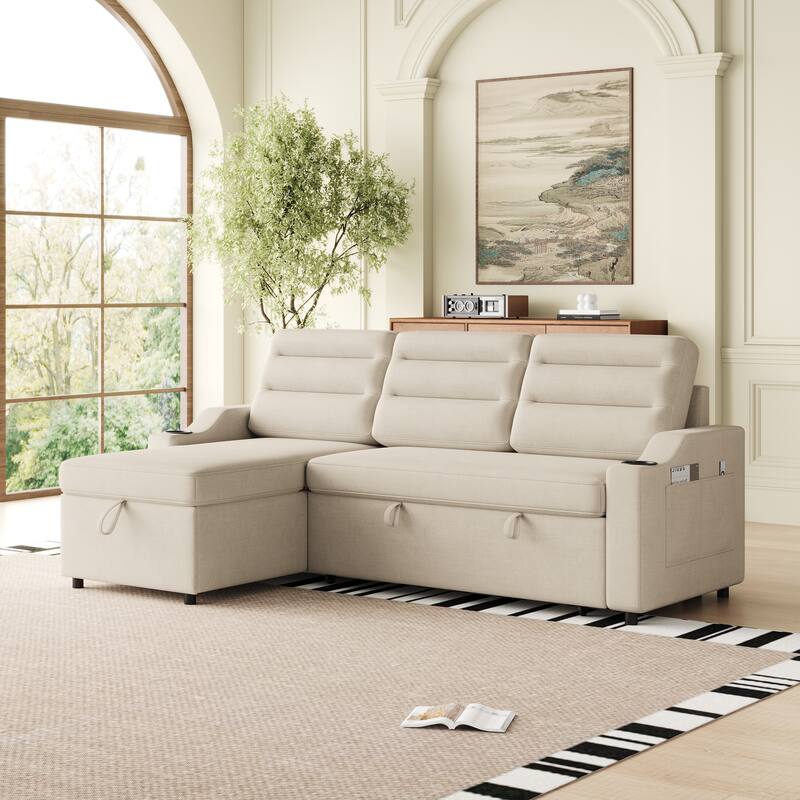 83.5-Inch Convertible Sofa Bed - Stylish Polyester Recliner with Storage for Small Spaces - Beige