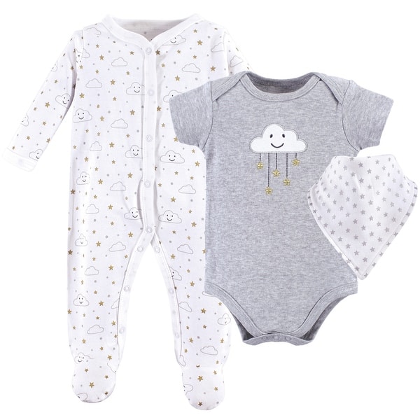 slide 1 of 1, Hudson Baby Infant Unisex Cotton Sleep and Play, Bodysuit and Bandana Bib Set, Gray Clouds 0-3 Months - Gray Clouds
