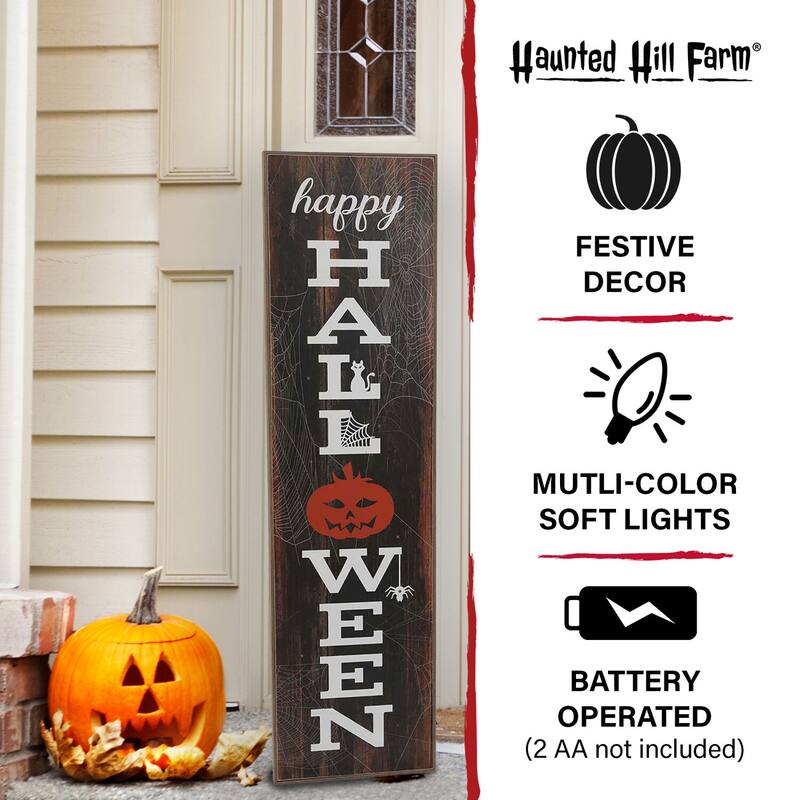 Haunted Hill Farm 45-in. "Happy Halloween" Porch Leaner Sign with LED Lights