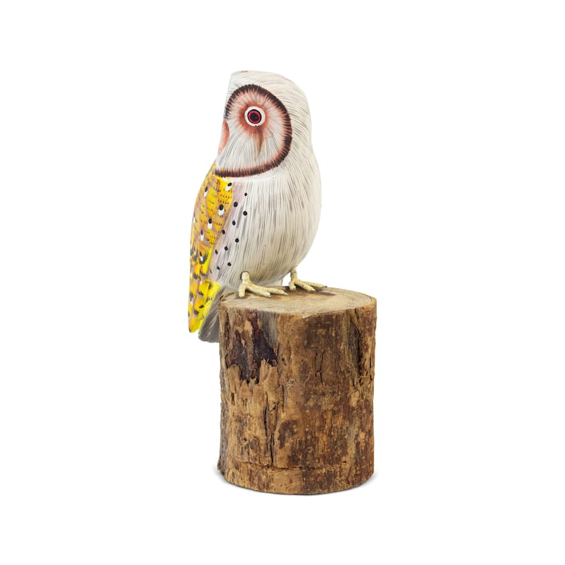 Wooden Hand Carved Yellow Barn Owl Standing on Log Statue Bird Figurine Sculpture Art Home Decor Handcrafted Decoration Handmade