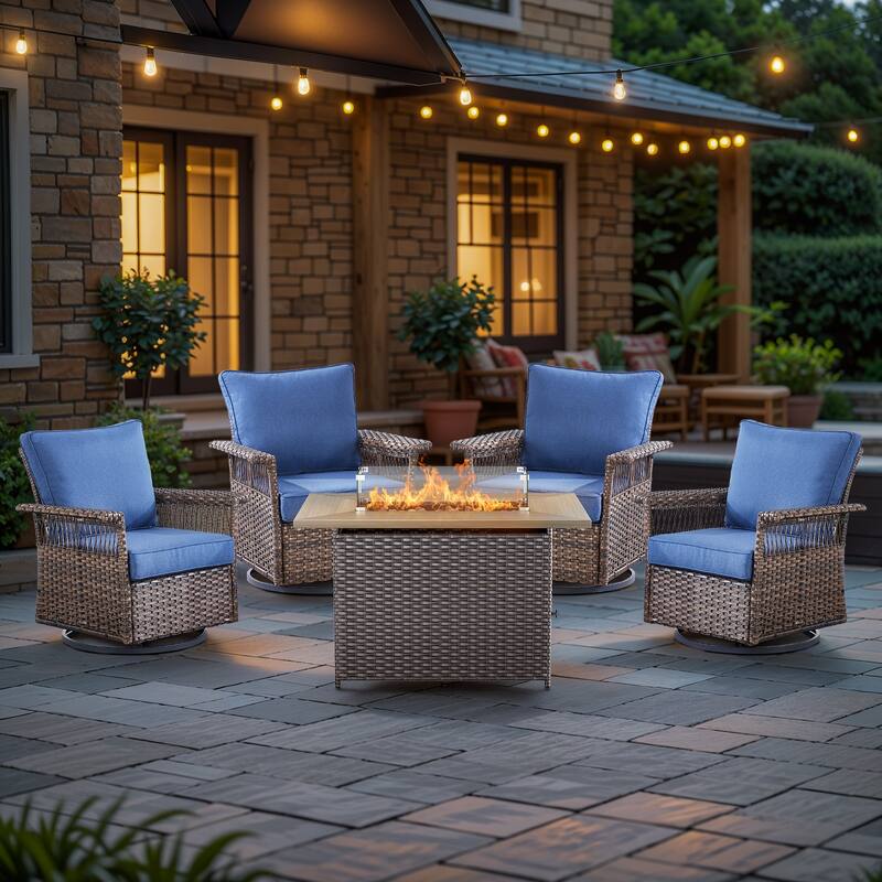 Pocassy 41 in Fire Pit Table with Patio Swivel Chair Set - Brown Wicker Blue Cushion - 5-Piece Swivel Chair with Fire Pit Table