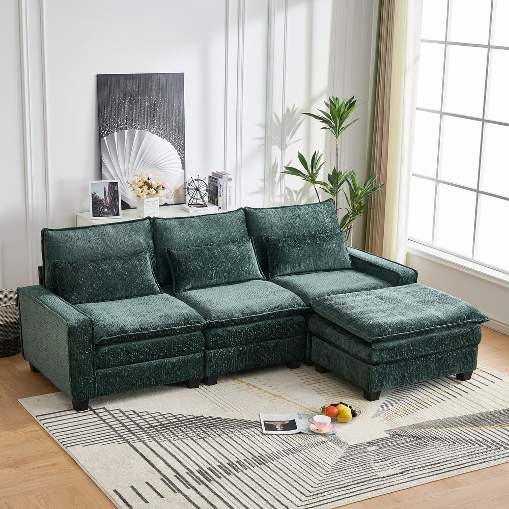 L Shaped Sectional Sofa with Movable Ottoman, Chenille Upholstered 4 Seater Sofa, Cloud Deep Seat Couch with Lumbar Pillow
