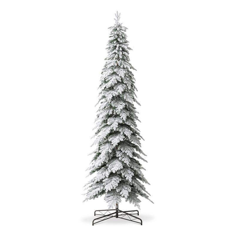 Glitzhome Pre-Lit Flocked Pencil Spruce Artificial Christmas Tree with Warm White Lights