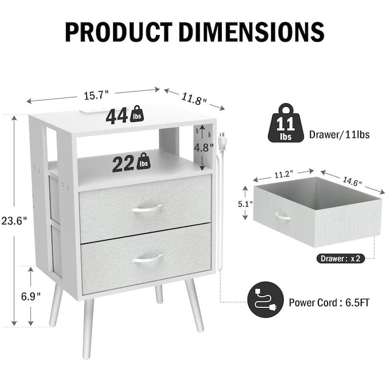 Modern 2-Piece Nightstand with LED Light and 2 Fabric Drawers