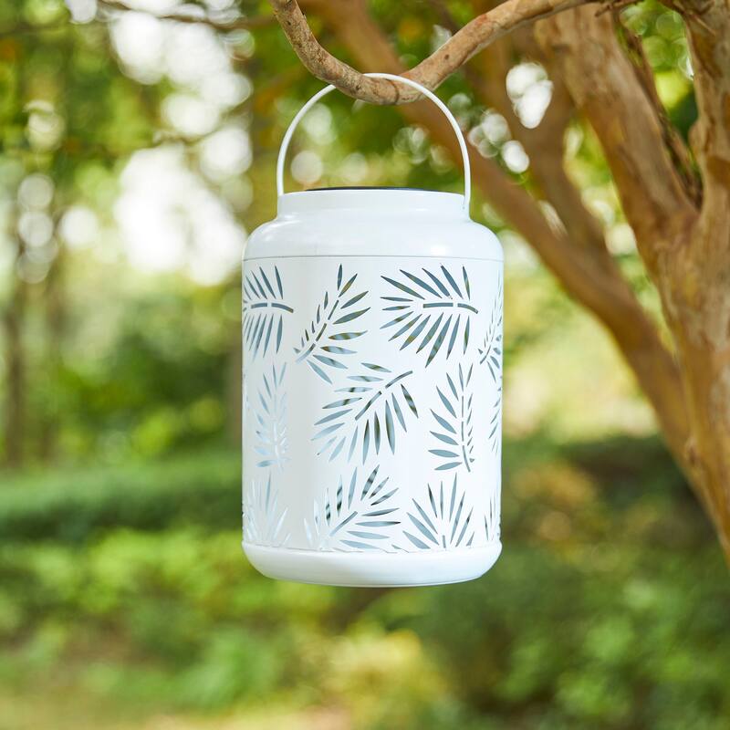 Glitzhome 8.75"H Outdoor Waterproof Metal Solar Hanging Lantern with Flower Leaves Decor