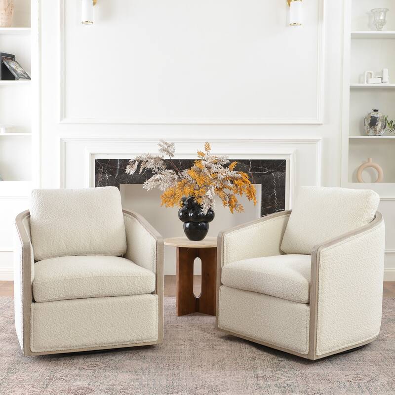 KINWELL 31"W Oak Frame Upholstered Swivel Barrel Armchair - Set of 2 - Cream White Boucle