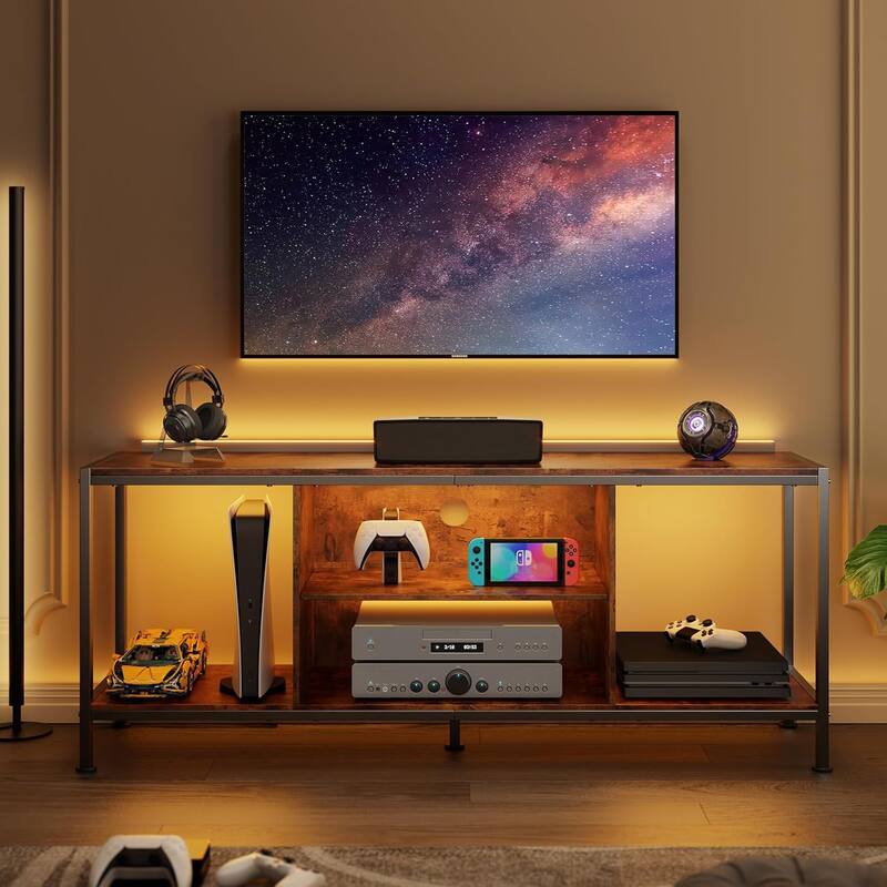 Classic Wood 55 in. TV Stand with Open Shelving for 65 in. TV 3 Tier Game & Entertainment Center TV Stand