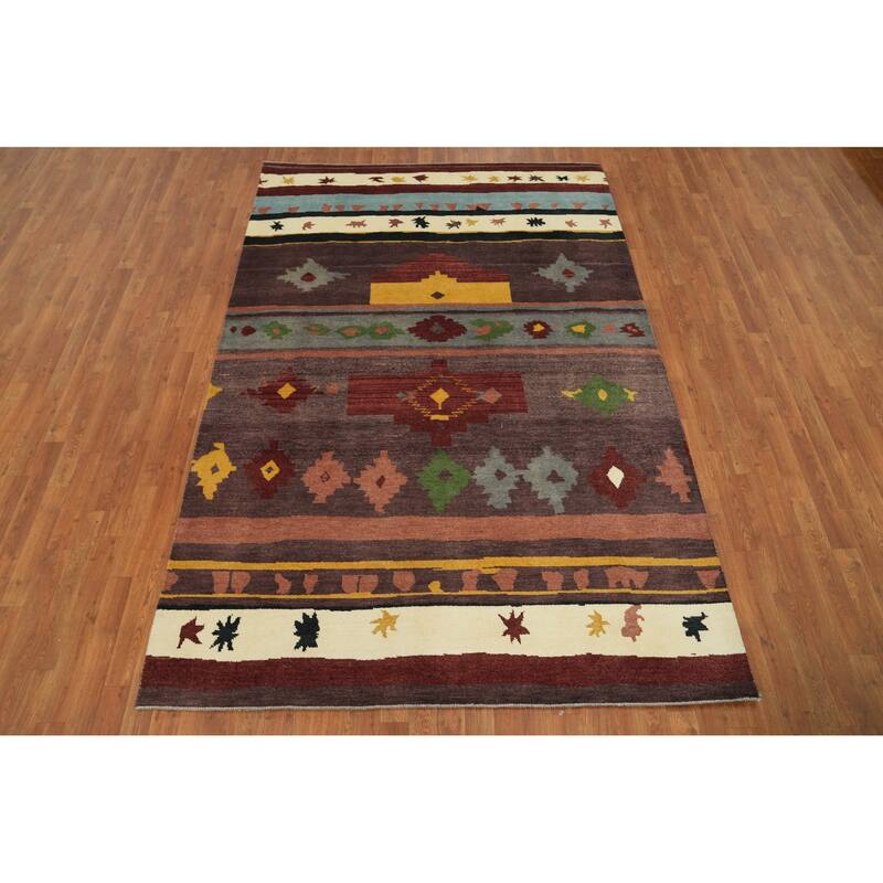 Handmade Wool Gabbeh Vegetable Dye Turkish Area Rug Handmade Wool Carpet - 9' 0'' X 6' 1''