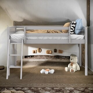 Artsy Twin Size Wood Low Loft Bed with Convertible Ladder, ladder can be placed on the left or right, Safety Guaranteed, Gray