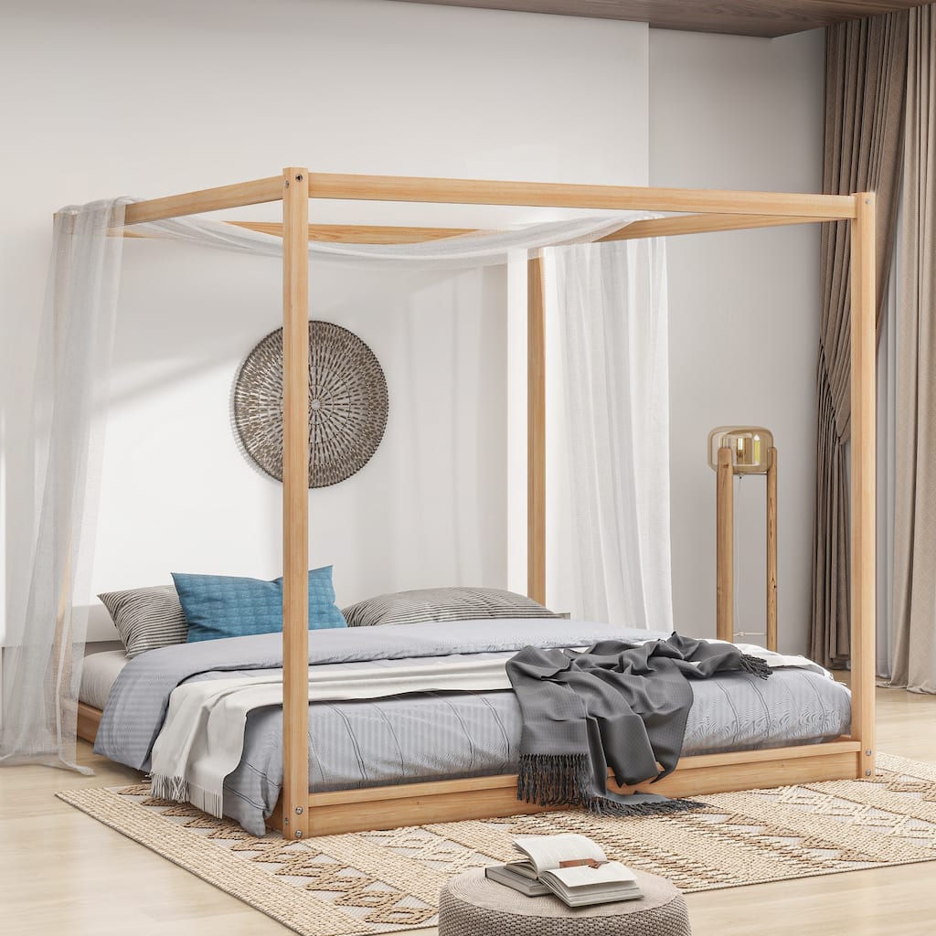 King Size Wooden Canopy Bed w/ Support Legs Upholstered Platform Bed Frame No Box Spring Needed, Easy Assembly Floor Bed