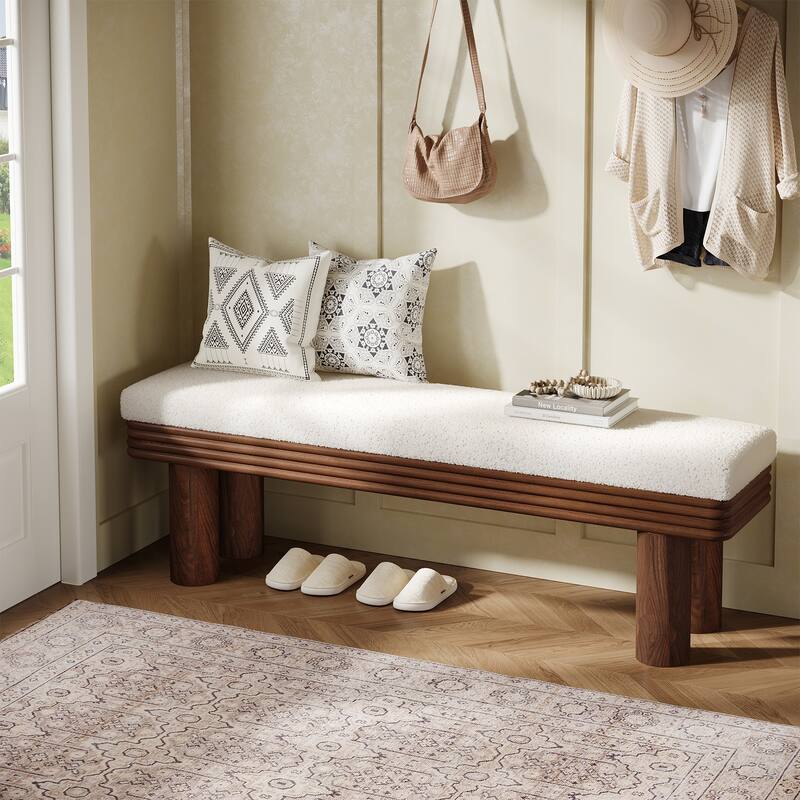 Upholstered Entryway Bench, Faux Shearling Padded Seat Shoe Bench, Bedroom Entrance Living Room End-of-Bed Accent Stool