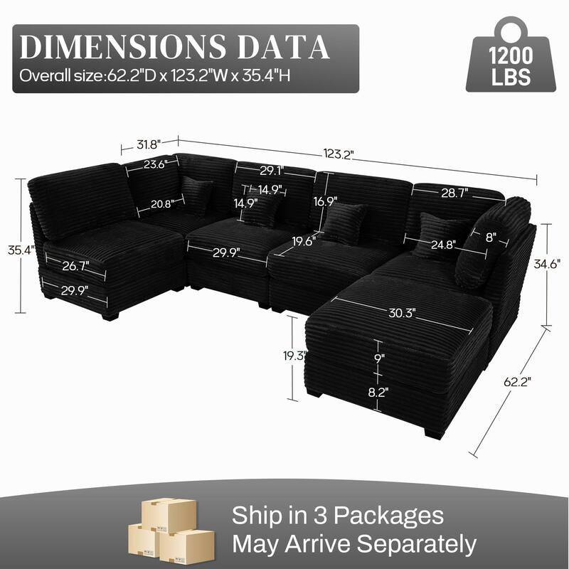 123" Modular U-Shaped Sectional Sofa Couch, 6-Seater Deep Seat Plush Corduroy Sofa Bed Chaise for Living Room