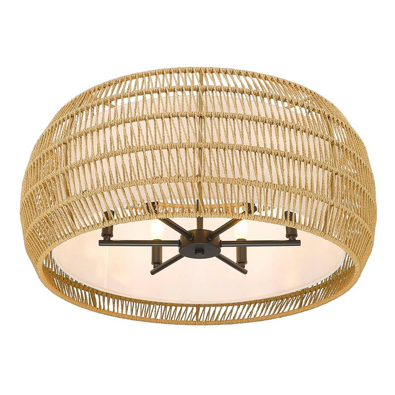 Everly 27" Wide Damp-Rated 6-Light Semi-Flush with Rattan Shade