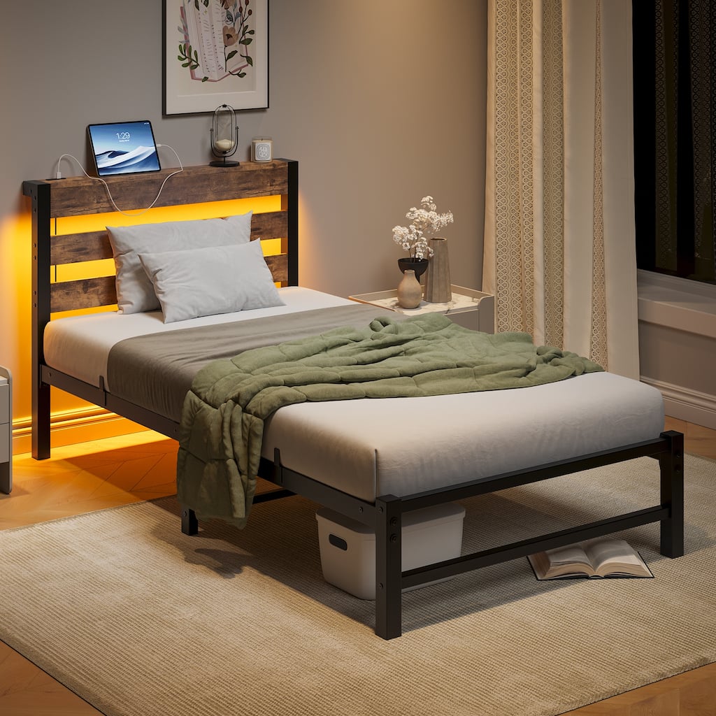 Heavy Duty Platform Bed Frame LED Twin Bed Frame with Charging Station and Headboard