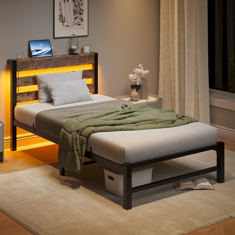 Twin Size Modern Metal Bed with Wooden Headboard, RGB Lights, and Storage Shelf