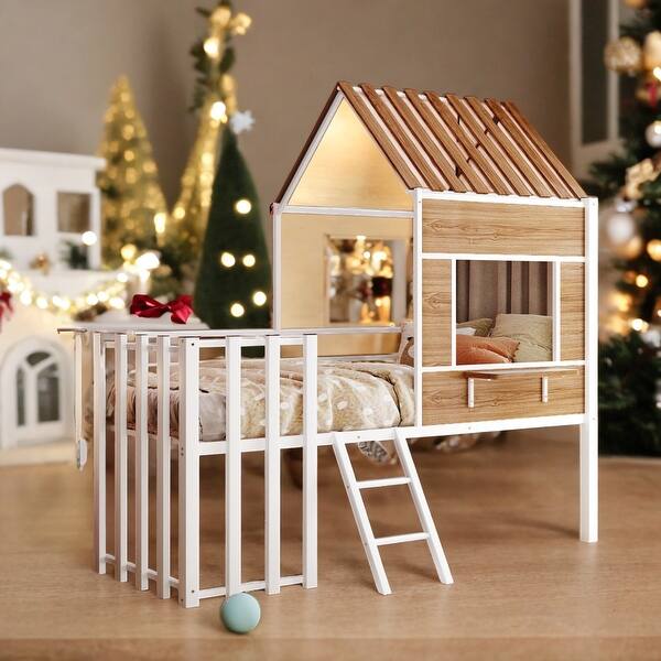 slide 2 of 30, House-shaped Design Metal Twin size Loft Bed with Roof, Window, Guardrail and Ladder, Safety & Fun, Maximized Space White