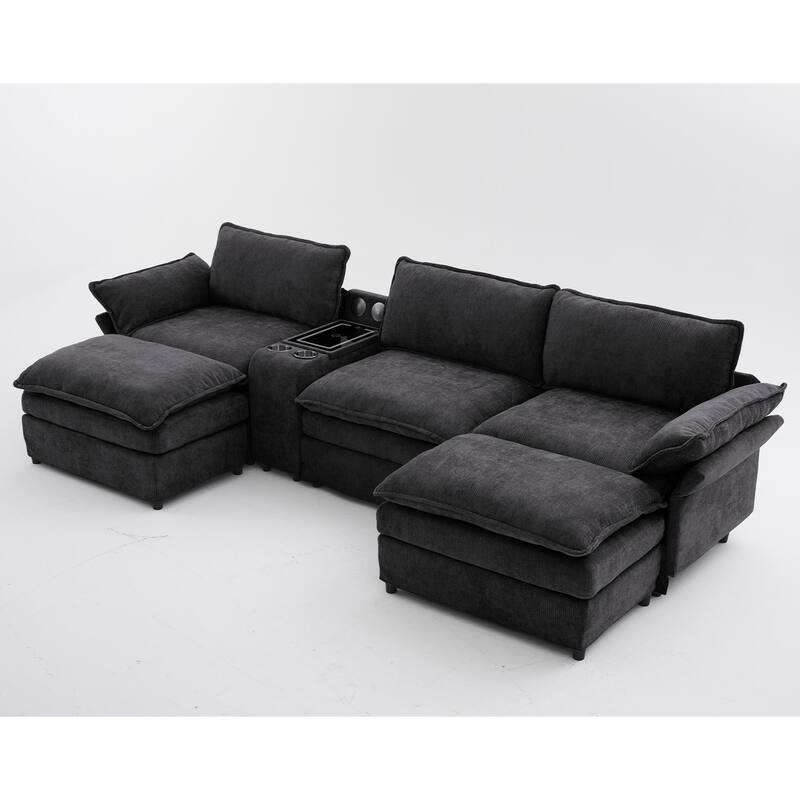 Modular Sectional Sofa, U Shaped Couch with 2 Ottomans, Storage Console & Wireless Charging, 2 Cup Holders, Bluetooth Speakers