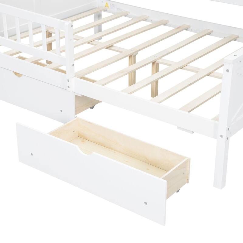 Wood Full Size House Platform Bed with LED Lights, Storage Shelves, and Drawers