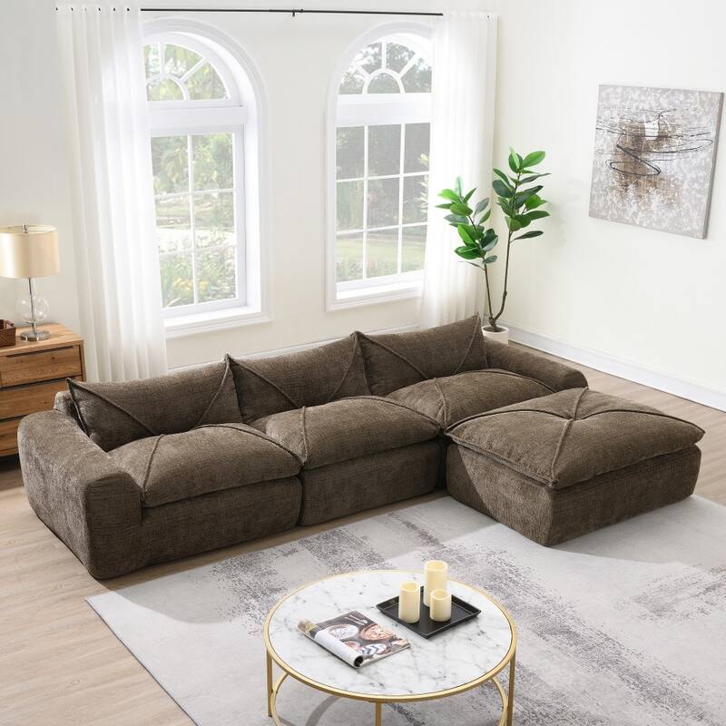 116'' Modern Chenille Fully Compressed Sectional Sofa with High Density Foam without Frame - Brown