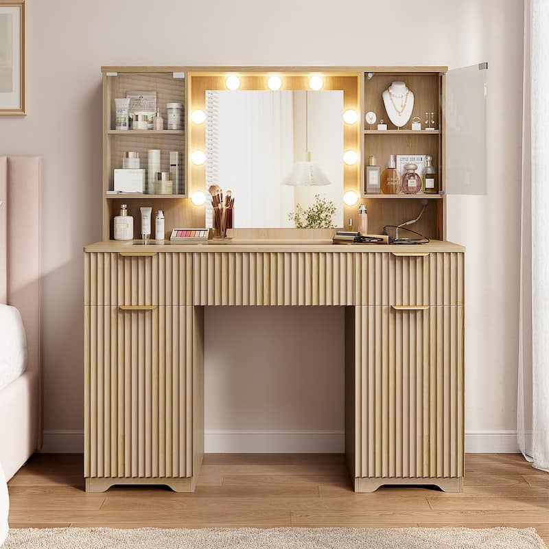 47" Modern Makeup Vanity Desk with Mirror and Large Cabinets, Dressing Table