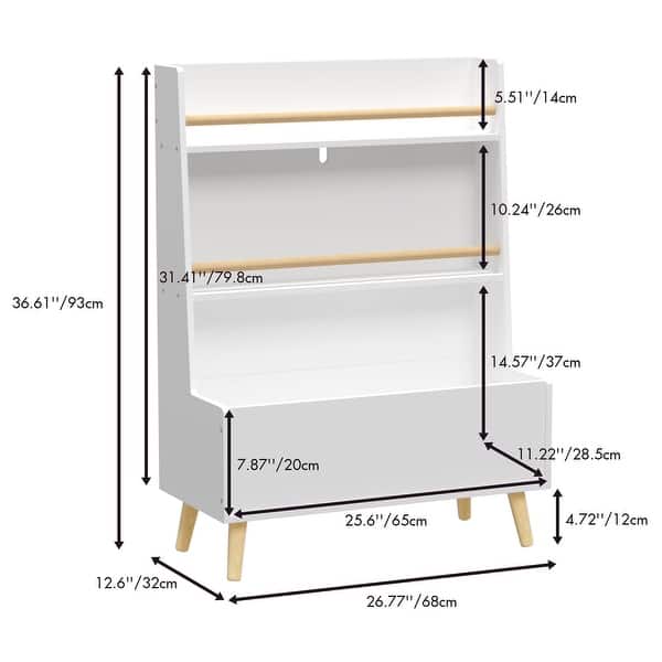 White Kids Toy Storage and Bookshelf Magazine Rack Cabinet Organizer - 26.77”L x 12.6”W x 36.61”H