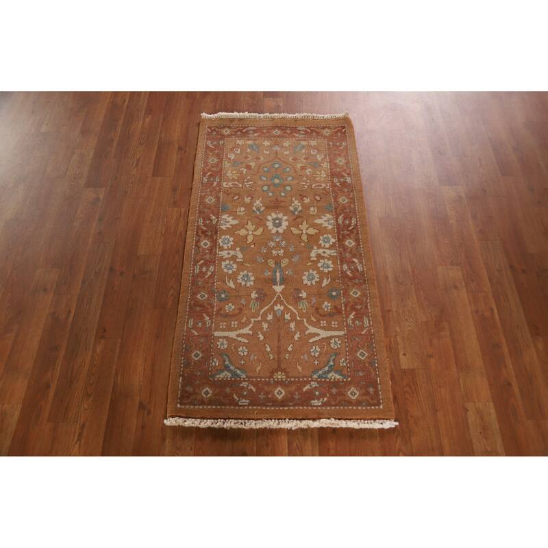 Hand Knotted Oriental 100% Wool Carpet Transitional Floral Brown Oushak Area Rug - 4' 0'' X 2' 1''