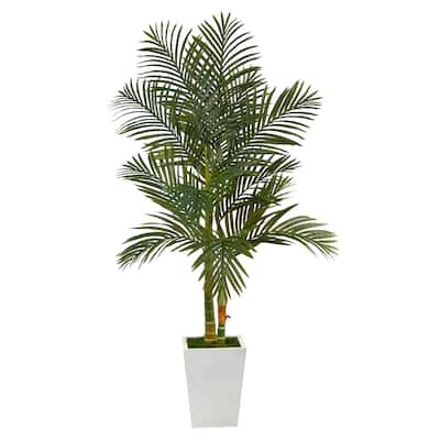 5.5' Golden Cane Artificial Palm Tree in White Metal Planter - 15"