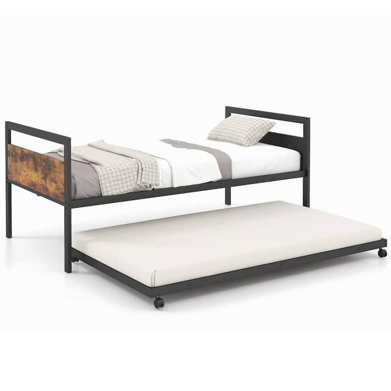 Costway Twin Metal Daybed with Trundle Lockable Wheels Heavy Duty - Rustic Brown &Black - Twin