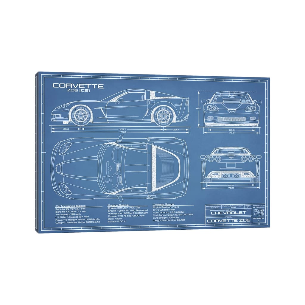 iCanvas "Corvette (C6) Z06 Blueprint" by Action Blueprints Canvas Print
