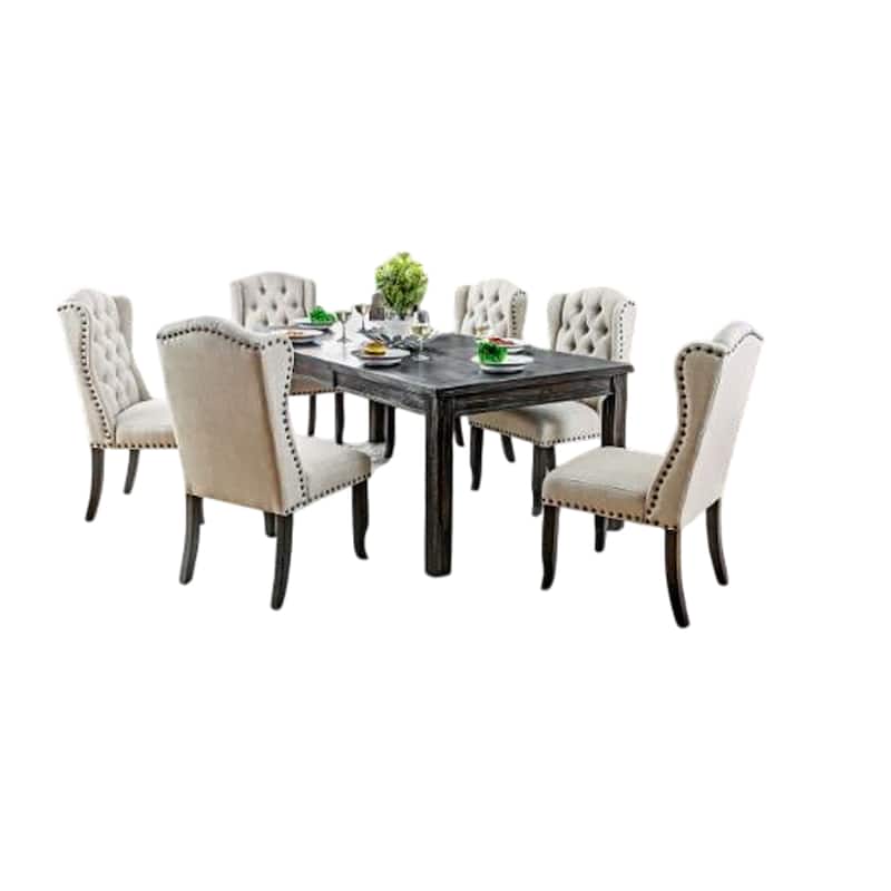 Bega 9pc Dining Table and Wingback Chair Set, Beige Linen, Black Wood